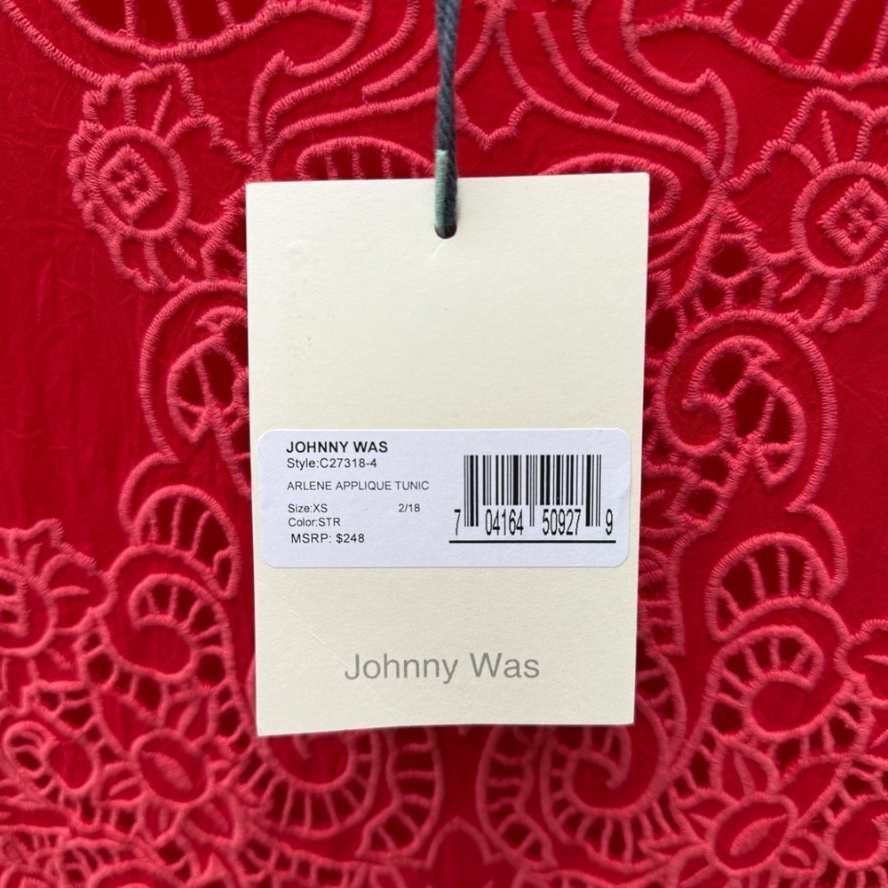 NWT Johnny Was Arlene Appliqué Tunic Sheer Red Women's 3/4 Sleeve Shirt Top XS - Picture 7 of 9
